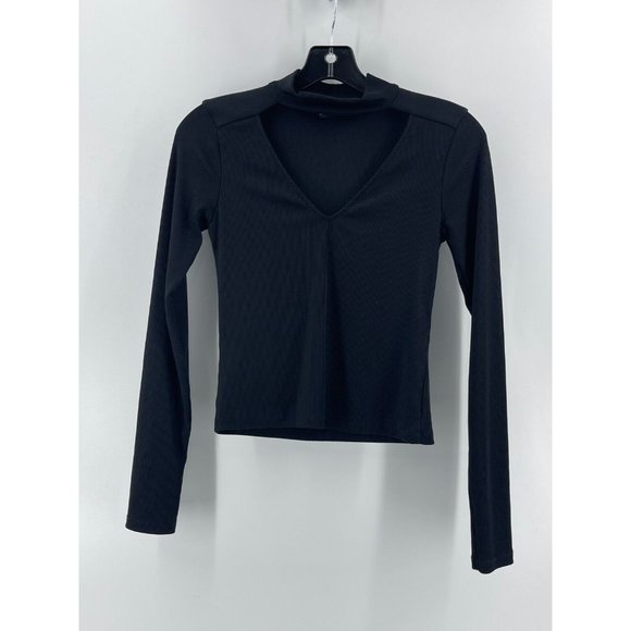 Zara Collection Women's Knit Open V Neck Long Sleeve Black Crop Top Shirt Size S - Picture 2 of 10